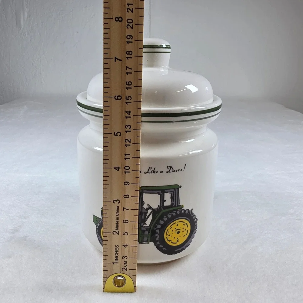 John Deere Gibson Ceramic CookieJar Nothing Runs Like a Deere Tractor WhiteGreen